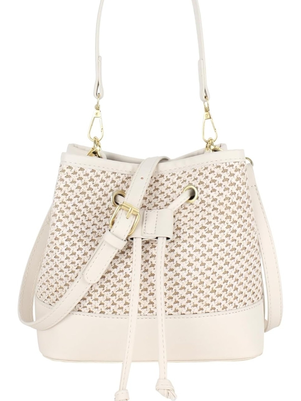 White Woven Bucket Bag with Drawstring